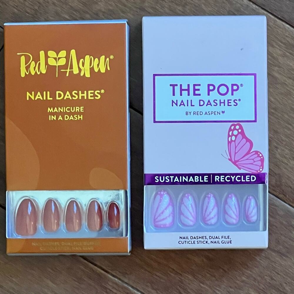 Red Aspen Press On Nails Dez, Medium Coffin 2 FULL SETS New In Box Fast Shipping